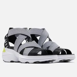Sorel Women's Gray Black White Strap Sandals with Yellow Accent